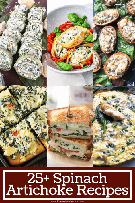 25+ Spinach Artichoke Recipes Spinach Artichoke Recipes, Pinwheels Appetizers, Artichoke Appetizer, Nut Tart, Cooking Spinach, Artichoke Soup, Spinach Artichoke Dip Recipe, Artichoke Dip Recipe, Breakfast Appetizers