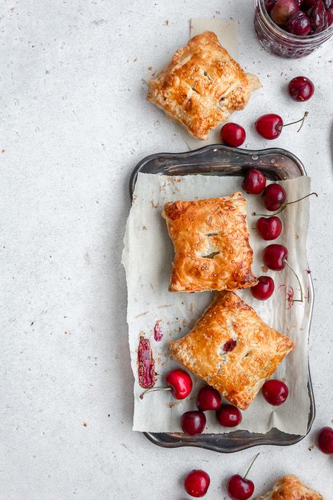 cherry pastries Puff Pastry Cherry Pie Filling, Cherry Pastries, Hand Pies With Puff Pastry, Cherry Puff Pastry, Cherry Pastry, Cherry Hand Pies, Puff Pastry Desserts, Canned Cherries, Puff Pastry Dough