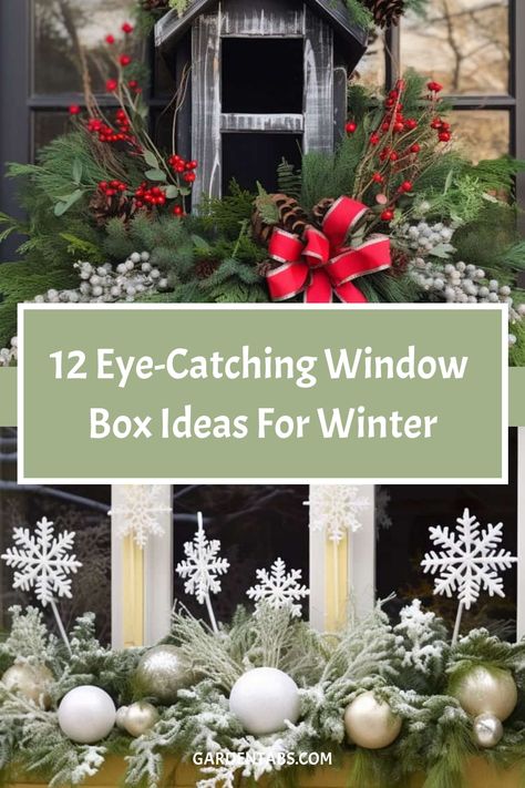 12 Eye-Catching Window Box Ideas for Winter Cabbage Window Boxes, Christmas Planter Boxes With Lights, Under Window Decor Outdoor, Holiday Window Wreaths, Christmas Planter Box Ideas, Winter Flower Boxes Outside, Farmhouse Christmas Window Decor, Xmas Window Boxes Decorating Ideas, Winter Window Boxes Ideas