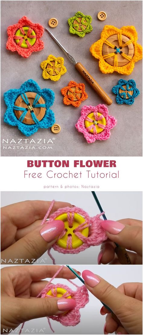 Flowered Button Free Crochet Patterns Crochet Baby Blanket Trim Free Pattern, Crochet Around A Button, Crochet Button Keychain, Crocheting With Buttons, Crochet Button Pattern, Crochet Button Earrings, Crochet Embellishments Free Pattern, Crochet Buttons How To Make, Crochet Flower Brooch