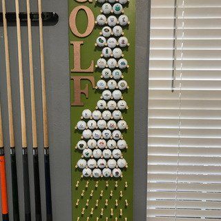 Golf Club Crafts, Golf Furniture, Golf Ball Display, Golf Crafts, Golf Simulator Room, Golf Ball Displays, Golf Room, Golf Ball Crafts, Ball Display