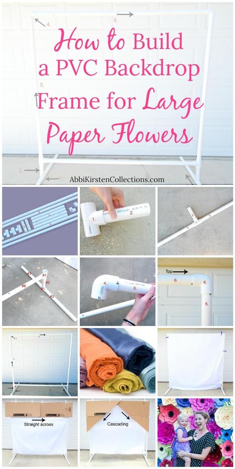 How to make a freestanding PVC backdrop frame Pvc Backdrop Stand, Hanging Paper Flowers, Pvc Backdrop, Diy Photo Booth Backdrop, Large Cardboard Boxes, Photoshoot Backdrops, Backdrop Frame, Pvc Pipes, Large Paper Flowers