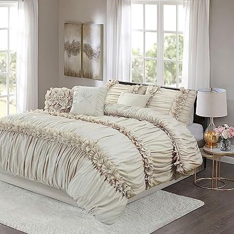 Amazon.com: Lush Decor C07815P13 Belle Ivory Comforter (96 x 92 inches) Ruffled Shabby Chic 4 Piece Set with Bed Skirt(80 x 60 inches with a 14. 5 inch drop). and 2 Pillow Shams(20 x 26 inches), Full/Queen : Home & Kitchen King Bedding Ideas Comforter Sets, How To Layer A Bed Like A Designer, French Country Bed, Champagne Bedroom, Gold Comforter Set, Elegant Comforter Sets, Country Bed, Fluffy Bed, Bed Comforter