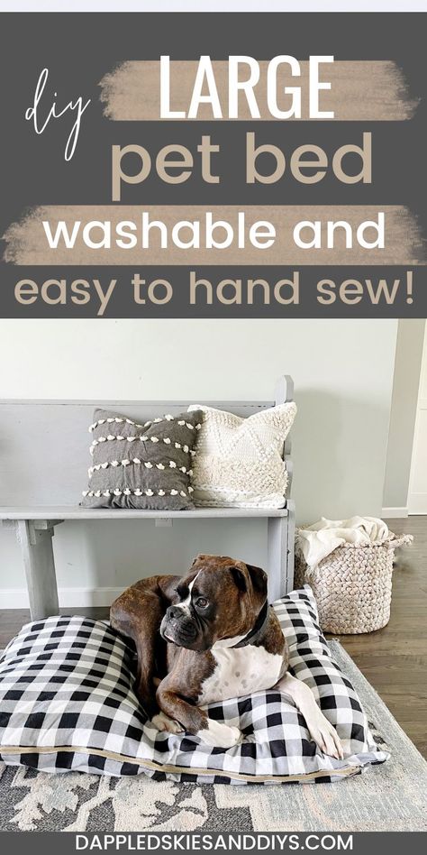 Two money saving hacks for using a 3 dollar bed pillow to create both a DIY throw pillow insert and a DIY pet bed that's washable and easy to hand sew! Washable Dog Bed Pillow DIY Making A Dog Bed, Diy Dog Stuff To Sell, Dyi Dog Bed, Diy Dog Accessories, Dog Bed Pattern, Diy Dog Bed Pillow, Pet Bed Pattern, Money Saving Hacks, Diy Pet Bed