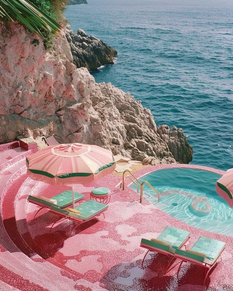 Let’s spend the week here ☀️ #resortvibes #hotelarchitecture #fancyhotel #pinkcore #glitter #thisisnotreal #luxuryresort #luxurylifestyle #luxuryhomes #aidesign #pinkandblue #oceanview #oceanviewhome #aiconcept Pool House With Kitchen, Barcelona Garden, Hand Poetry, Digital Surrealism, Mermaid Hotel, Summer Vacation Aesthetic, Aesthetic Room Ideas, Vacation Aesthetic, Resort Beach