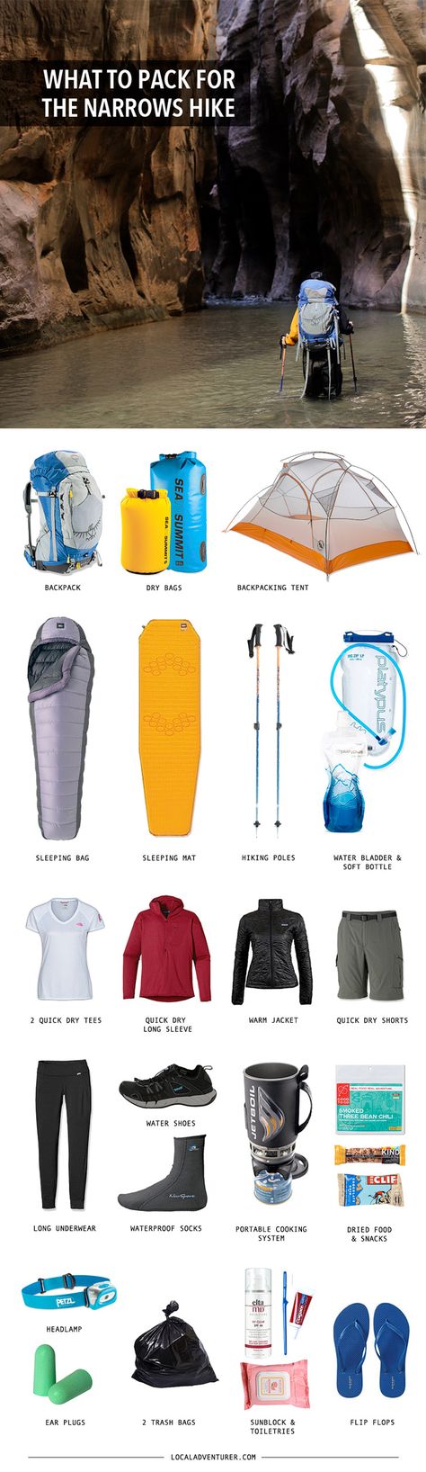 Backpacking Gear List for the Zion Narrows Hike + Tips Zion Narrows Hike, Zion Narrows, Backpacking Gear List, Utah Camping, Tenda Camping, Gear List, Festival Camping, Hiking Aesthetic, Backpacking Tent