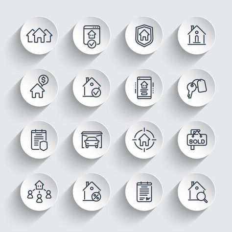 Real estate line icons set, tenants, houses for rent, insurance Real Estate Homes, Real Estate Design, Inmobiliaria Ideas, Real Estate Icons, House Icon, Hotel Marketing, Real Estate Marketing Design, Real Estates Design, Minimalist Icons