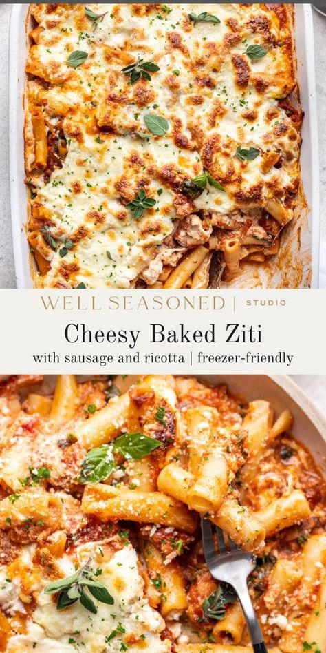 Baked Ziti with Ricotta & Sausage is the ultimate comfort food. Perfectly al dente pasta, rich, creamy ricotta cheese, savory sausage, and a flavorful red sauce, all under a blanket of melted mozzarella. It just screams Sunday supper! Be sure to stick the baked ziti under the broiler just before serving to ensure golden brown bits in every slice. Make-ahead and freezer-friendly. #wellseasonedstudio #bakedziti #sausage #ricotta #bakedpasta Sausage Ricotta Pasta Bake, Sausage And Ricotta Pasta, Dump And Bake Baked Ziti, Baked Ziti Recipe With Ricotta, Baked Ziti With Ground Beef And Sausage, Baked Ziti With Italian Sausage Ricotta, Spicy Baked Ziti, Make Ahead Baked Ziti, Baked Ziti With Ground Beef And Ricotta