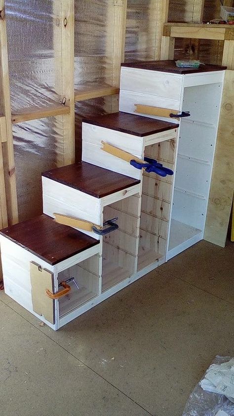 Adult Loft Bed Storage, Loft Bed Ideas With Storage, How To Build Loft Stairs, Storage Stairs For Loft Bed, Loft Bed Stairs Ideas, Trofast Stairs, Bunk Bed Steps, Loft Bed Stairs, Trofast Storage