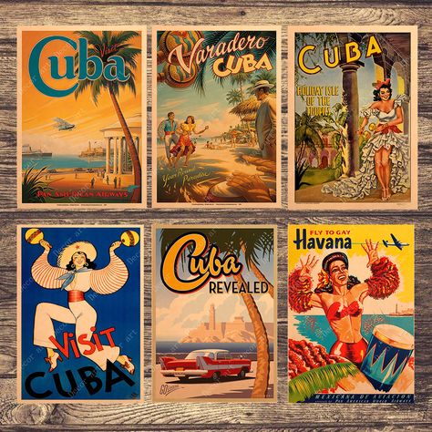 $3.98 Cuba Havana Beach Vintage Travel Poster Travel Canvas Painting, Vintage Wall Pictures, Havana Nights Party Theme, Havana Beach, Canvas Painting Vintage, Cuba Pictures, Cuba Art, Cuba Beaches, Vintage Cuba