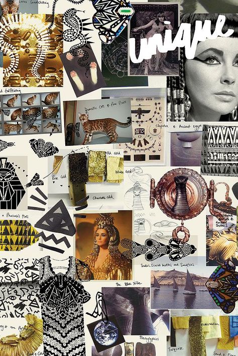 Fashion Moodboard - Cleopatra theme with abstract patterns, tigers, pyramids, cobras and gold-tone acanthus leaves // Topshop Unique, mood board for fashion design Fashion Illustration Collage, Fashion Moodboard, Fashion Design Sketchbook, Fashion Inspiration Board, Fashion Themes, Fashion Sketchbook, Mood Board Inspiration, Fashion Collage, Mood Board Design