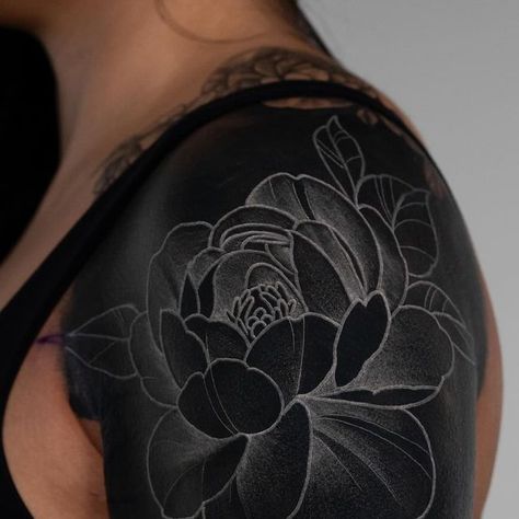 Square Cover Up Tattoo, White Ink Over Black Tattoo, Large Cover Up Tattoo, Black Peony Tattoo, Blackout Sleeve, Owl Tattoo Sleeve, Tattoo Fixes, Dallas Tattoo, Cute Owl Tattoo