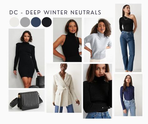 Deep Winter Color Season Outfits, Deep Winter Business Casual, Clothes For Deep Winter, Soft Classic Kibbe Deep Winter, Deep Winter Color Palette Outfits Casual, Deep Winter Neutral Outfits, Capsule Wardrobe For Deep Winter, Deep Winter People, Deep Winter Color Palette Capsule Wardrobe