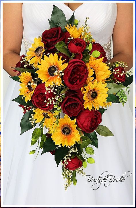 Wedding Flower Arrangements - Psst: Whatever you are looking for, buy it from Amazon.com NOW!! Sunflowers And Red Roses, Small Bridesmaid Bouquets, Sunflowers And Roses, Sunflower Wedding Bouquet, Sunflower Themed Wedding, Cascading Wedding Bouquets, Red Bouquet Wedding, Rustic Outdoor Wedding, Brides Bouquet