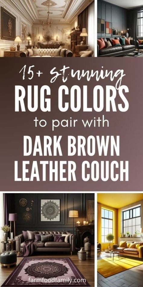 15+ Amazing Rug Colors to Pair with Your Dark Brown Leather Couch 91 Living Room Ideas With Dark Brown Couch, Brown Leather Sofa Living Room Ideas Color Schemes, Rug With Dark Brown Leather Couch, Dark Brown Leather Couch Living Room Ideas, Rugs To Match Brown Leather Couch, Brown Leather Couches Living Room Decor, Rugs With Brown Leather Couch, Dark Brown Leather Living Room, Dark Brown Couch Living Room Ideas