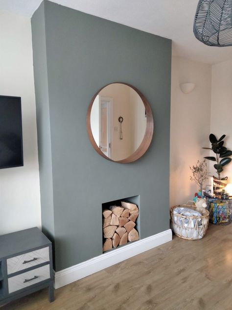 Chimney breast, living room Wallpaper Chimney Breast Living Room, Lounge Chimney Breast Ideas, Dining Room Chimney Breast Ideas, Small Living Room Chimney Wall Ideas, Chimney Breast Colour Ideas, Chimney Wall Ideas No Fireplace, Medium Blue Walls, Wallpaper Chimney Breast, Chimney Breast Ideas No Fireplace