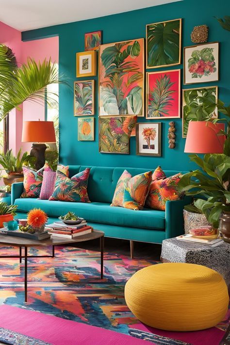 Tropical Bohemian Living Room, Bright Colorful Interior Design, Colorful Living Room Walls, Colourful Eclectic Interiors, Maximalist Living Room Ideas, Carribean Interior Design, Green And Coral Living Room, Bright Living Room Colors, Maximalist Lounge