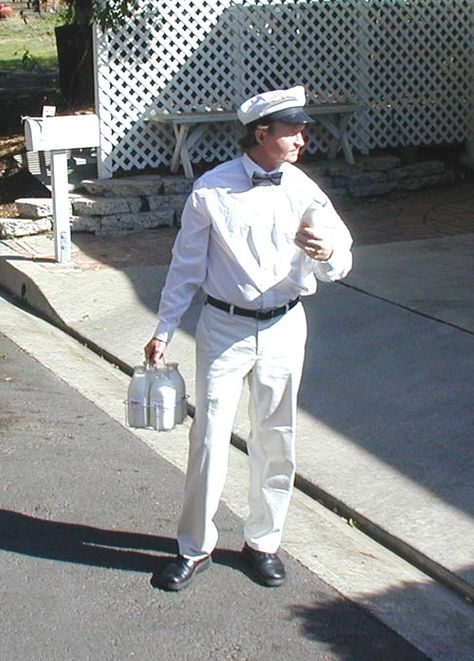 milkman costume - Google Search Milkman Costume, Housewife Costume, Costumes 2023, Beach Studio, Milk Delivery, Milk Man, Contemporary Vintage, Laguna Beach California, Spring Chicken