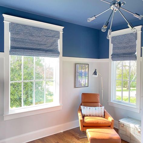 Painting The Ceiling, Gallery Wall Shelves, Picture Rail Molding, Relaxed Roman Shade, Fabric Roman Shades, Flat Roman Shade, Blue Ceilings, Edwardian House, Picture Rail