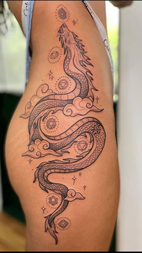 Dragon Tattoo Hip, Dragon Tattoo Leg, Dragon Thigh Tattoo, Upper Thigh Tattoos, Side Thigh Tattoos, Dragons Tattoo, Hip Thigh Tattoos, Dragon Tattoo For Women, Hip Tattoos Women