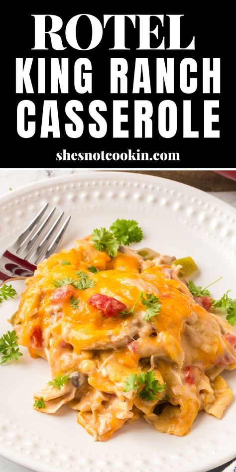 King Ranch chicken casserole with Rotel tomatoes on a white plate. Cheap Casserole Recipes, Chicken Tortillas, King Ranch Casserole, Rotel Recipes, King Ranch Chicken Casserole, King Ranch Chicken, Chicken Casserole Recipe, Ranch Chicken Recipes, Chicken Casserole Easy