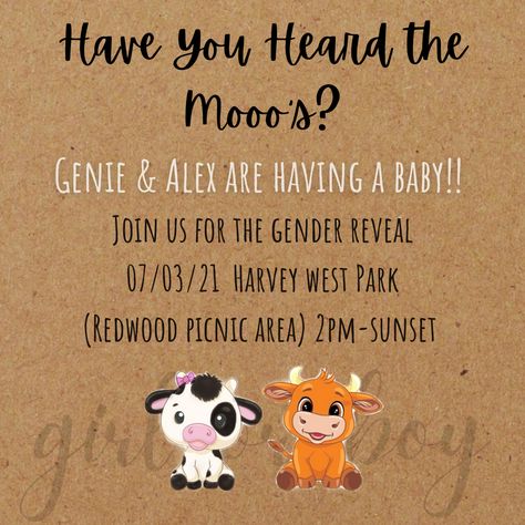 Gender Reveal Ideas With Cows, Cow Or Bull Gender Reveal, Gender Reveal Ideas Farm Theme, Farm Animal Gender Reveal, Animal Gender Reveal Ideas, Bulls And Heifers Gender Reveal, Gender Reveal Ideas For Party Cow Theme, Gender Reveal Ideas Western Theme, Gender Reveal Farm Theme