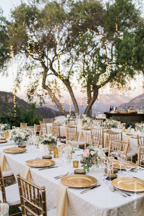 Rustic outdoor wedding reception | gold wedding theme | Pretty fairy lights #weddingreception #reception #weddingdecor Table Arrangements Wedding, Outdoor Wedding Reception, Wedding Table Settings, Table Arrangements, Wedding Cake Designs, Vineyard Wedding, Dreamy Wedding, Wedding Planners, Event Styling