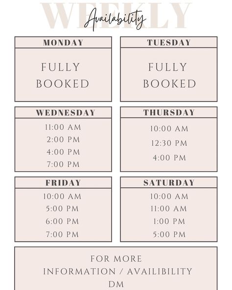 Thank you for keeping me busy! Monday and Tuesday are fully booked, but I still have some slots open later this week. Don’t see a time that works for you? DM me, and we’ll find a way to fit you in. Your perfect appointment is just a message away! 💌 - - - - - - - - - - - - - - - - - - - - - - - - - - - #booknow #spa #spaday #dallas #facial #beauty #skincare #available #selflove #selfcare #explore #explorepage #insta #instagram #instafeed #foryou #foryoupage #busy #lash #browshaping #facials #... Fully Booked Appointments, Available Appointments Template, Dm To Book Appointment, Skin Bar, Esthetician Marketing, Facial Tips, Fully Booked, Appointments Available, Brow Shaping