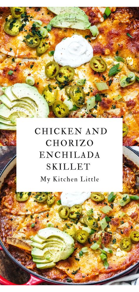 This Super Easy Chicken and Chorizo Enchilada Skillet is a perfect Tex Mex recipe that makes for a killer one-pan dinner and also happens to be a 30-minute meal. Grab our ultimate chicken enchilada skillet recipe over on the blog. #enchiladaskillet #chickenenchilada #chorizo Enchilada Skillet Recipe, Chorizo Dinner, Chorizo Recipes Dinner, Dinner Skillet, Enchilada Skillet, Chicken Enchilada Skillet, Chicken And Chorizo, Chicken Chorizo, Mexican Chicken Recipes