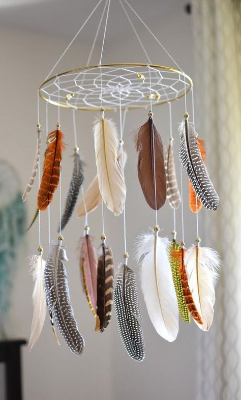 $58 · Woodland Nursery Decor, Woodland Dreamcatcher Baby Mobile, Native American Style, This gorgeous dreamcatcher baby mobile will make all your dreams come true :) Made of a gold metal ring 10" in… Baby Mobile Boy, Atrapasueños Diy, Dreamcatcher Baby, Nursery Decor Woodland, Woodland Nursery Girl, Dream Catcher Mobile, Baby Boy Mobile, Girl Woodland, Dream Catcher Craft