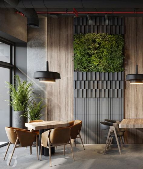 Restaurant Green Wall, Green Wall Ideas Interior Design, Instagramable Walls Cafe Modern, Office Cafeteria Design Modern, Small Van Life, Small Van Life Interior, Casual Restaurant Interior Design, Restaurant Reception Desk, Restaurant Interior Design Wood