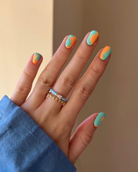 Aqua Nails, Orange Nail Designs, Minimal Nails Art, Smink Inspiration, Blue Nail Designs, Cute Gel Nails, Blue Nail, Orange Nails, Minimalist Nails