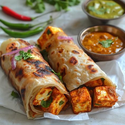 The spicy paneer (Indian cottage cheese) inside a soft roti (Indian flatbread) makes for a tasty Paneer Kathi Roll, which is a famous street food in India. These rolls are not only very tasty, but they're also easy to make and filling for a quick meal or snack. It's sure that Paneer Kathi Rolls will impress your taste buds and make you happy with their mix of tastes and textures. Spicy Food Indian, Indian Food Breakfast, Orange Food Recipes, Tasty Spicy Food, Tasty Indian Food, Paneer Kathi Roll Recipe, Paneer Breakfast Recipes, Paneer Roll Recipe, Quick Indian Snacks