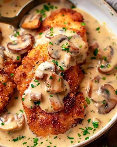 Willie,K,Needham Golden Crispy Chicken With Parmesan Mushroom Sauce, Chicken Cream Of Mushroom, Mushroom Parmesan, Cream Of Mushroom Chicken, Main Entrees, Buttered Noodles, Creamy Mushroom Sauce, How To Cook Mushrooms, Cream Of Mushroom