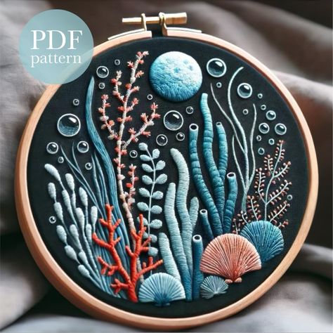 "Coral Moonlight" Digital PDF Embroidery Pattern Instant Download Whether you're a seasoned stitcher or just getting started, this charming design is perfect for you. The finished piece will look stunning displayed in your space or as a heartfelt gift for someone special. Hand embroidery is a wonderful way to engage in an ages-old traditional craft, unwind and indulge in a relaxing hobby that brings simple joy and creative outlet. ------------------------ The PDF includes: ꕥ Tracing Pattern: Eas Beads Embroidery Patterns, Embroidery Patterns Animals, Moon Embroidery Design, Hand Embroidery Fruit, Hawaii Embroidery, Nature Embroidery Inspiration, Embroidery Ocean, Space Embroidery Pattern, Sea Embroidery Ideas