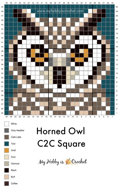 Horned Owl C2C Graph Crochet Pattern Graph, Pixel Crochet Blanket, Crochet C2c Pattern, Block 13, Corner To Corner Crochet, Graph Crochet, Pixel Crochet, Pixel Art Grid, Animal Cross Stitch Patterns