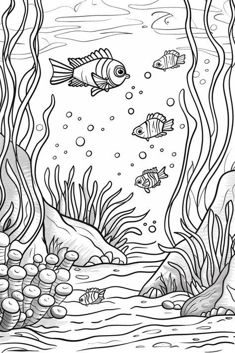 Coloring Book Page: Easy and Bold Underwater Scene Underwater Life Drawing, Sea Scenery Drawing, Ocean Illustration Underwater, Ocean Illustration, Inspirational Digital Art, Sea Life Art, Fish Art, Coloring Book Pages, State Art