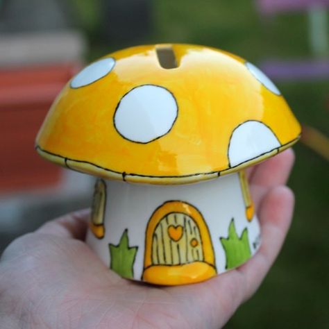 In my #etsy shop: Mushroom money box in sunny yellow magical hand painted china money box fairy house pixies fairies   #housewares #homedecor #mushroom #magic #spotted #fairy #fairies #newbaby #moneybox https://etsy.me/2Eu3BjZ Box Fairy House, China Money, Clay Jewellery Holder, Mushroom Magic, Mushroom Paint, Pottery Houses, Pixies Fairies, Kids Pottery, Diy Money