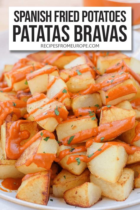 Bravas Sauce, Crispy Fried Potatoes, Spanish Recipe, Easy Spanish Recipes, Spanish Recipes, Spain Food, European Recipes, Garlic Aioli, Potato Sides