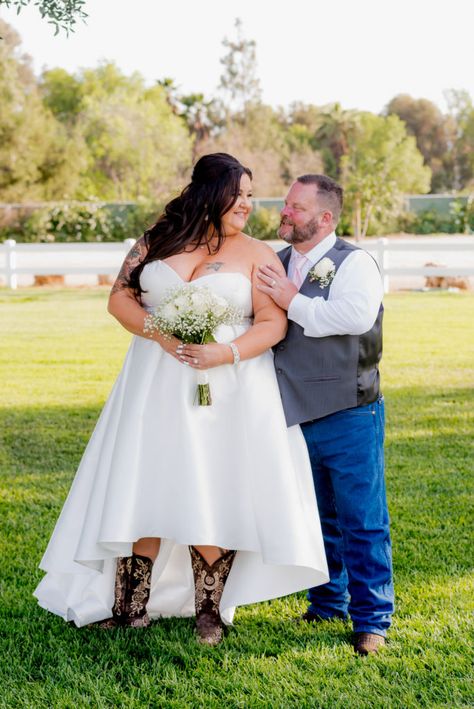 Cindy's Hi-Low Wedding Dress - Strut Bridal Salon Short Wedding Dress With Boots, Wedding Dresses With Boots, Short Country Wedding Dress, Hi Lo Wedding Dress, Hi Low Wedding Dress, Country Wedding Gowns, Plus Size Brides, Plus Size Wedding Gowns, Country Wedding Dresses