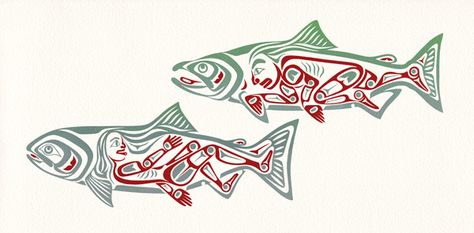 Chíin Xaadee ~ Salmon People II Minimalistic Tattoos, Pacific Salmon, Zentangle Animals, Haida Art, Human Figures, Arts Gallery, Inuit Art, Indian Tattoo, Celtic Knotwork