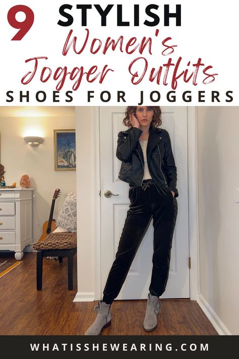 what shoes to wear with joggers Shoes With Joggers Women, Jogger Pants Outfit Summer, Sweatpants Outfit For Work, Joggers Work Outfit, Style Joggers For Work, Dressing Up Joggers, Dressing Up Joggers Outfits, Black Jogger Pants Outfit, Style Joggers Women