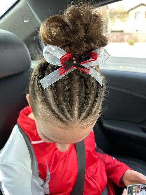 Cool Gymnastics Hairstyles, Meet Day Hairstyles Gymnastics, Girls Gymnastics Hairstyles, Competition Dance Hairstyles, Gymnastics Comp Hairstyles, Cheer Braid Hairstyles, Girls Cheer Hairstyles, Gymnastics Hairstyles For Competition Easy, Tumbling Hairstyles For Kids