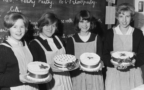 7th December 1964: From left to right, Susan Andrews, Christine Brain, Jennifer Paxton and Judy Evans, four pupils of the Clarendon School in South Oxhey, Hertfordshire display the Christmas cakes they have designed and created in their Domestic Science class Family And Consumer Science, Home Economics, Good Housekeeping, Culinary Arts, Winter Fun, Black And White Pictures, The Good Old Days, Simple Living, Economics