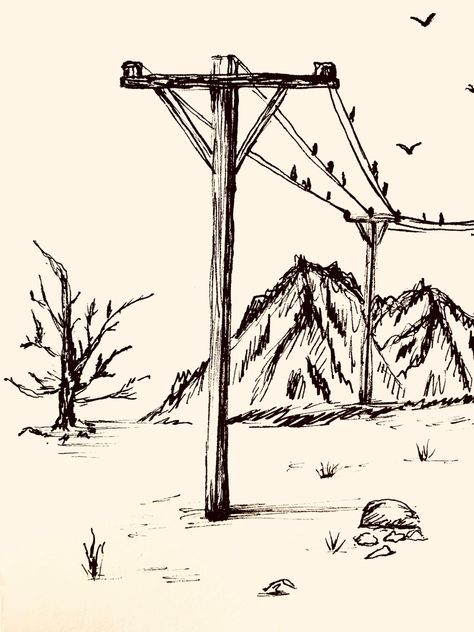 Roam Ink Drawing, Powerlines Drawing, Cool Sketch Ideas Creativity Nature, Liner Art Drawing, Apocalypse Drawing Sketch, Pigment Liner Drawing, Ridge Drawing, Line Work Landscape, Fineliner Landscape