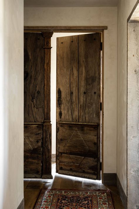 Gallatin Gateway Ranch | Abby Hetherington Interiors Eclectic Western, Wooden Double Doors, Western Interior, Ranch Cabin, Mountain Home Exterior, Western Montana, Double Doors Interior, Doors Wooden, Cabin Doors