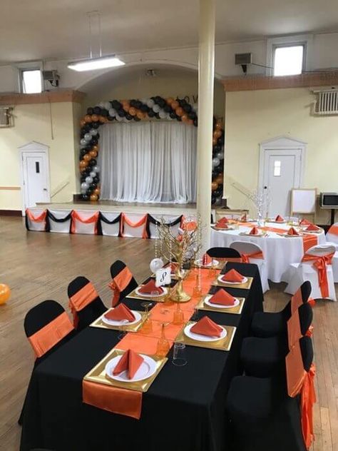 Black And Gold Centerpieces, Manzanita Tree, Wedding Swag, Folding Chair Covers, 60 Birthday, Black Tablecloth, Dinner Party Decorations, Gold Centerpieces, Orange Table