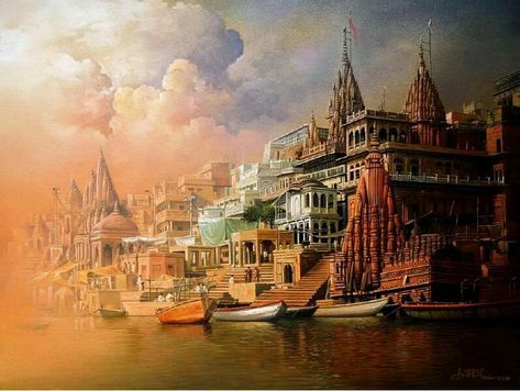 Ganga Ghat Varanasi Painting, Banaras Painting, Varanasi Pictures, Drawing Room Paint, Varanasi Ghat, Kashi Vishwanath Temple, Ganga Ghat, Kashi Vishwanath, Vector Portrait Illustration