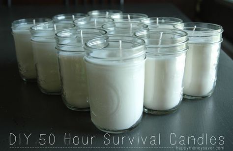 So quick & easy making your own 50 Hour Soy Survival Candles. They cost under $2.00 each too.  Toss in a box of matches inside before you close it up so you will always be prepared!  #survival happymoneysaver.com Survival Candle, Box Of Matches, Emergency Candles, Long Lasting Candles, Diy Lampe, Emergency Preparation, Homestead Survival, Emergency Prepping, Survival Food