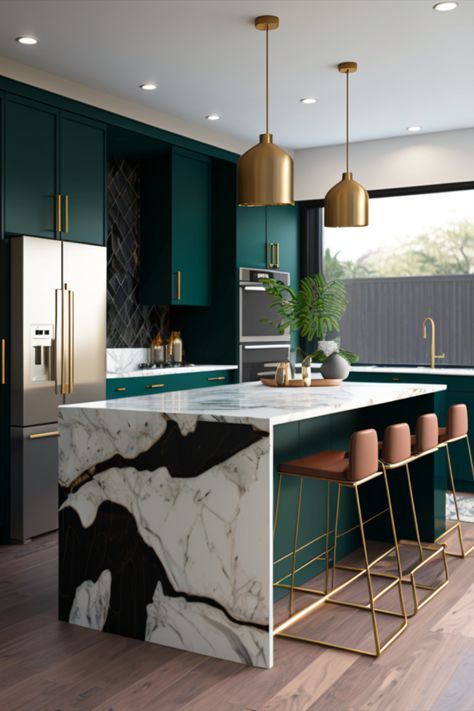 Emerald Green Kitchen Walls, Dark Green And Gold Kitchen, Green Contemporary Kitchen, Emerald Green Kitchen Cabinets, Emerald Green Kitchen, Kitchen With Green Cabinets, Emerald Kitchen, Counter Backsplash, Fun Kitchen Decor